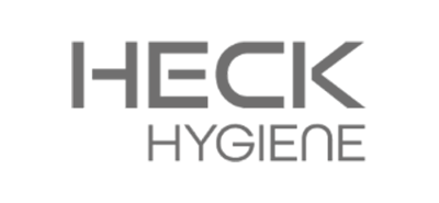 Logo der Firma Heck Hygiene in grauer Schrift mit modern stilisierten Buchstaben in zwei Zeilen: oben ‚HECK‘, unten ‚HYGIENE‘.