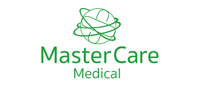 Logo von MasterCare Medical: grüne Wortmarke unterhalb eines stilisierten Globus aus ineinander verschlungenen Linien.